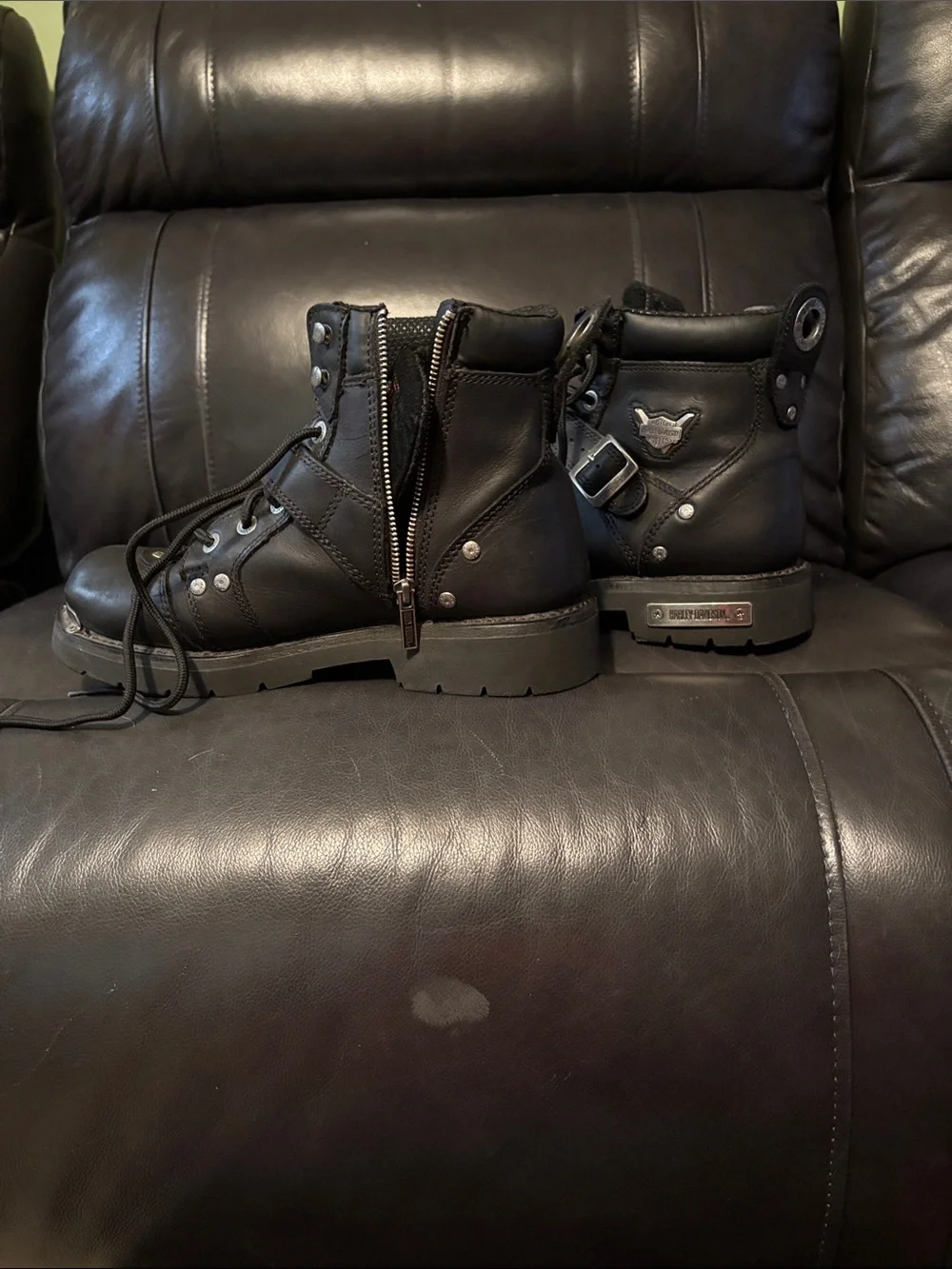 Harley-Davidson Black Leather Lace-Up Motorcycle Boots with Strap